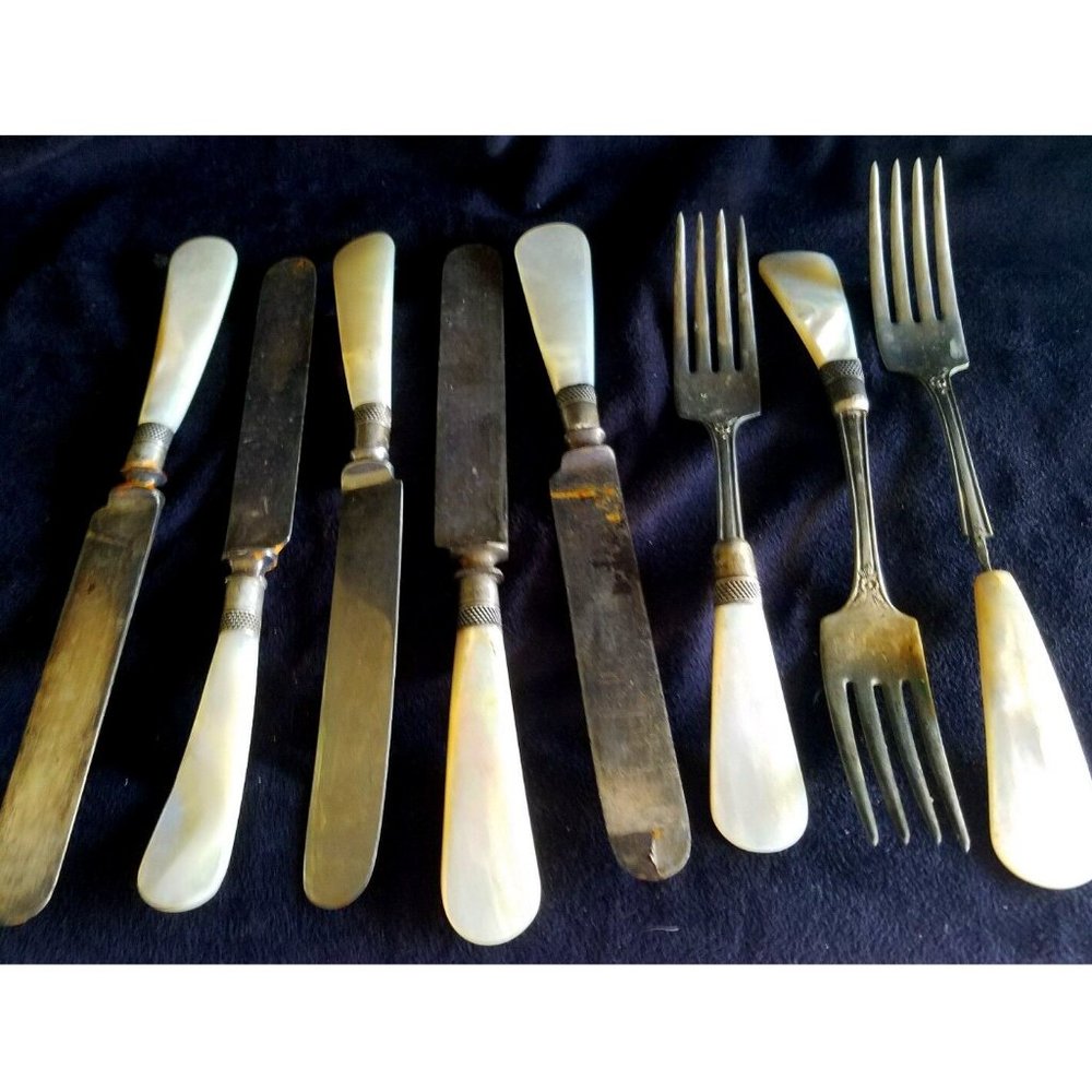ANTIQUE SHEFFIELD A.1.PLATE 5 Knifes + 3 Forks MOTHER PEARL HANDLE STERLING CAP